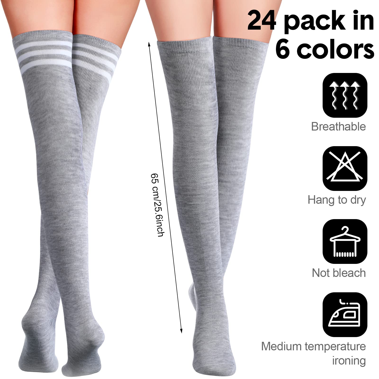 JaGely 24 Pairs Thigh High Socks for Women Over the Knee Socks Long Thigh High Stocking for Women Leg Warmer Daily Wear Cosplay, 2 Styles and 6 Colors