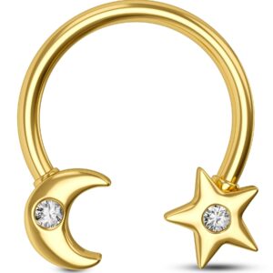 COCHARM Gold Septum Rings 16g, Star and Moon Septum Jewelry Horseshoe Septum Piercing 8mm Dainty Horseshoe Septum Rings Gold Horseshoe Daith Earring Hoop