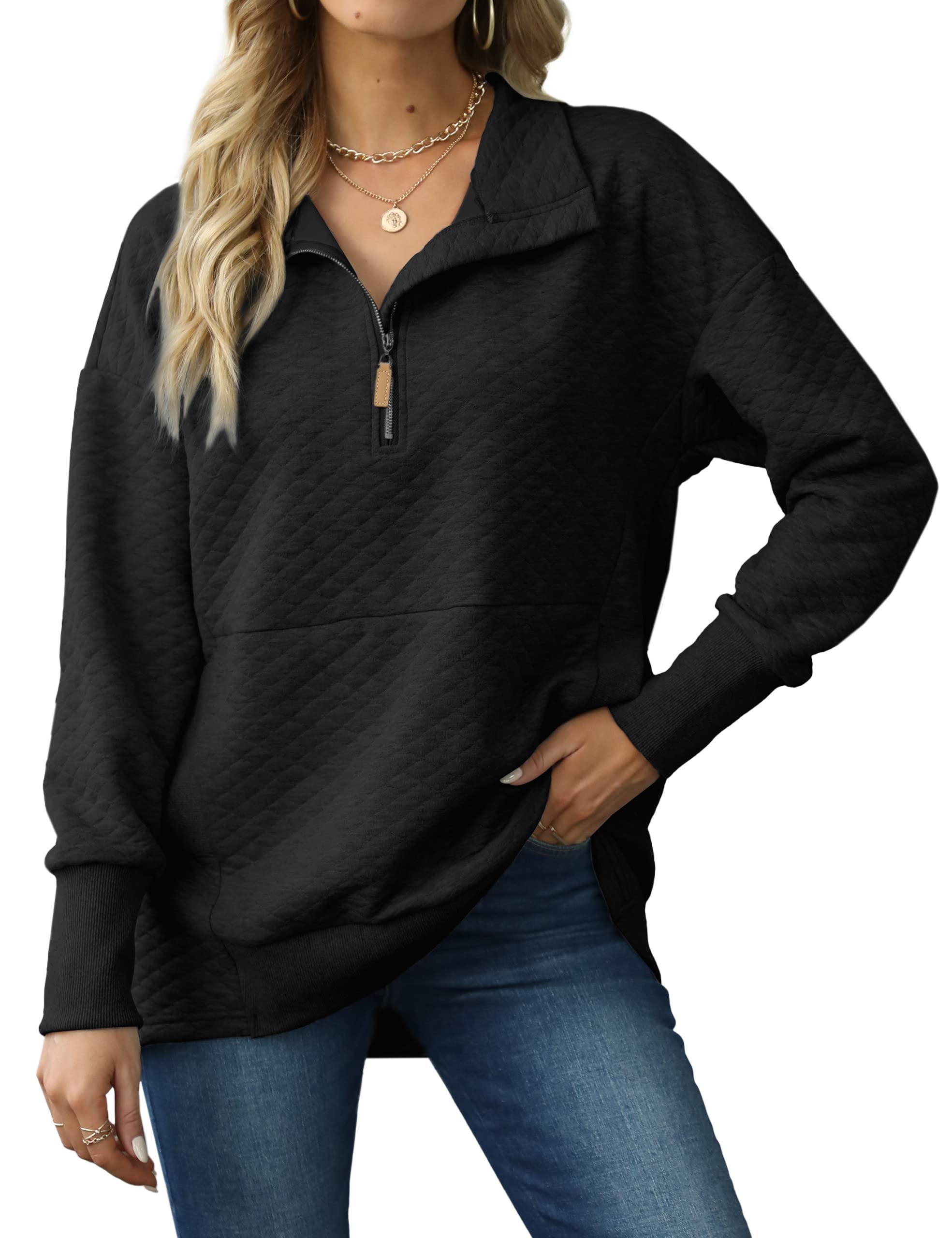 BMJL Women's Long Sleeve Shirts Oversized Casual Sweatshirt Quarter Zip Up Fall Dressy Tops 2022 Loose Half Zip Pullover(Black,L)