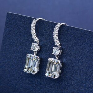 Sterling Silver Diamond Earrings for Women, Classic Emerald Cut 8Ct/Pair Lab Simulated Diamond Drop Earrings White Gold Plated Jewelry Gifts for Her Birthday Mothers Day Christmas Gift