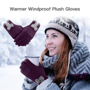 Warm Women Elegant Bow Gloves Touchscreen Gloves Full Finger Winter Warm Mittens (Purple, One Size)