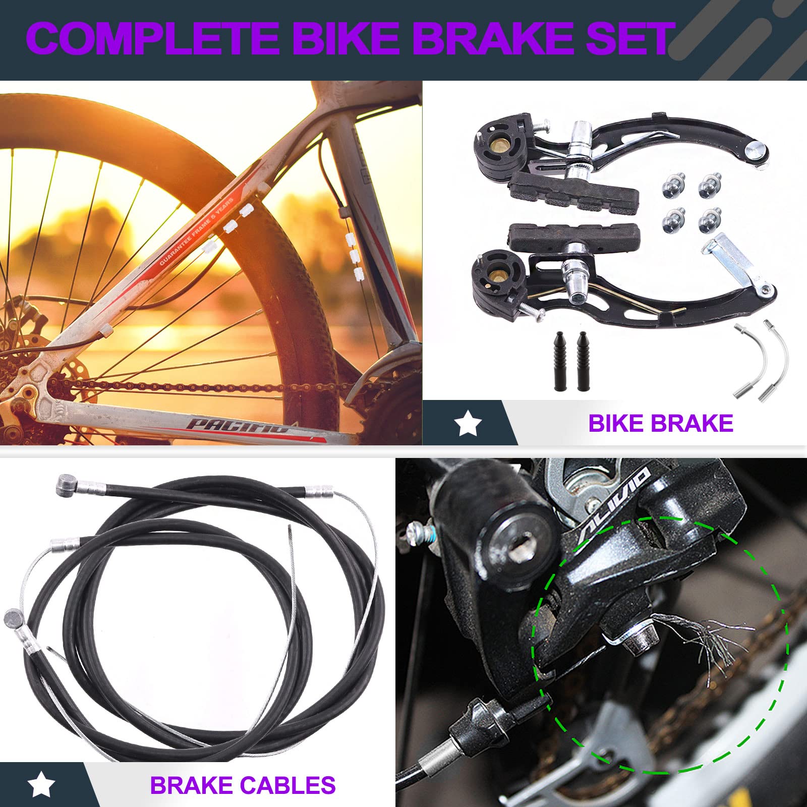 Swpeet 14Pcs Bike Brakes Sets, Including 2 Pairs V-Type Brakes, Universal Bike Front and Rear Brake Cable, Cable End Caps, Rubber Boot, V Brake Noodle Bend Pipe for Most Mountain Bike