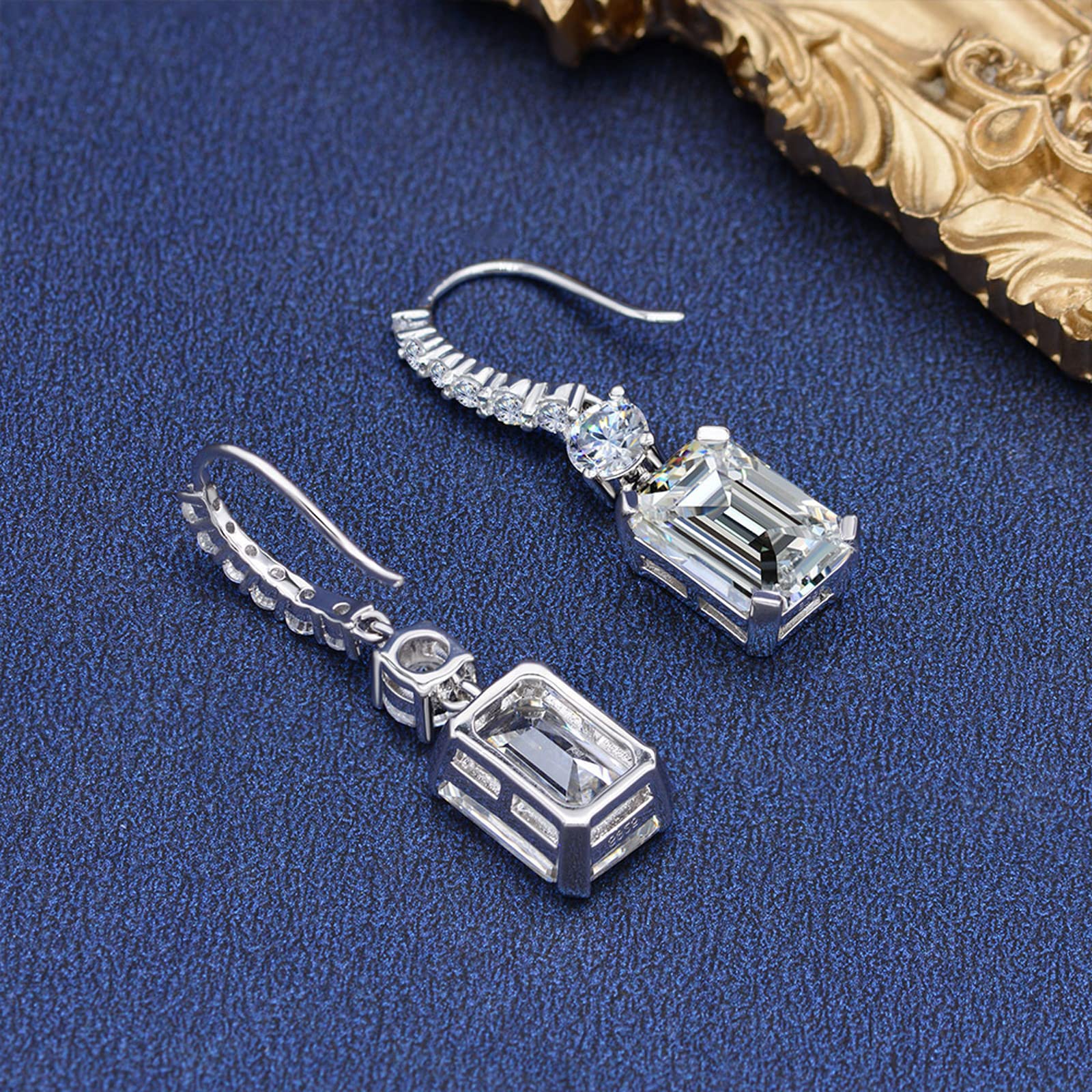 Sterling Silver Diamond Earrings for Women, Classic Emerald Cut 8Ct/Pair Lab Simulated Diamond Drop Earrings White Gold Plated Jewelry Gifts for Her Birthday Mothers Day Christmas Gift