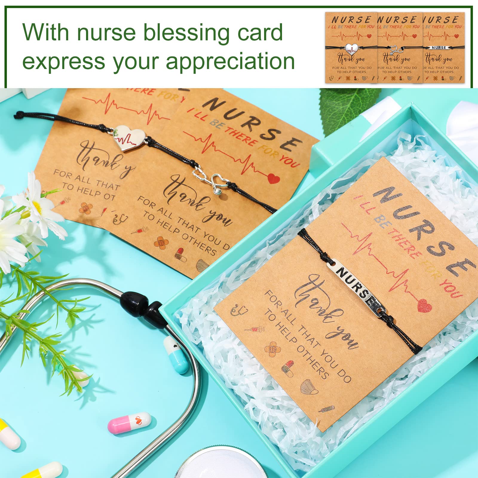 Yinkin 24 Pcs Nurse Gifts for Women Nurse Appreciation Bracelet Gifts with Blessing Card Stethoscope Heart RN Bracelet School Nursing Student Gifts Practitioner Graduation Jewelry for Nurses Men Week