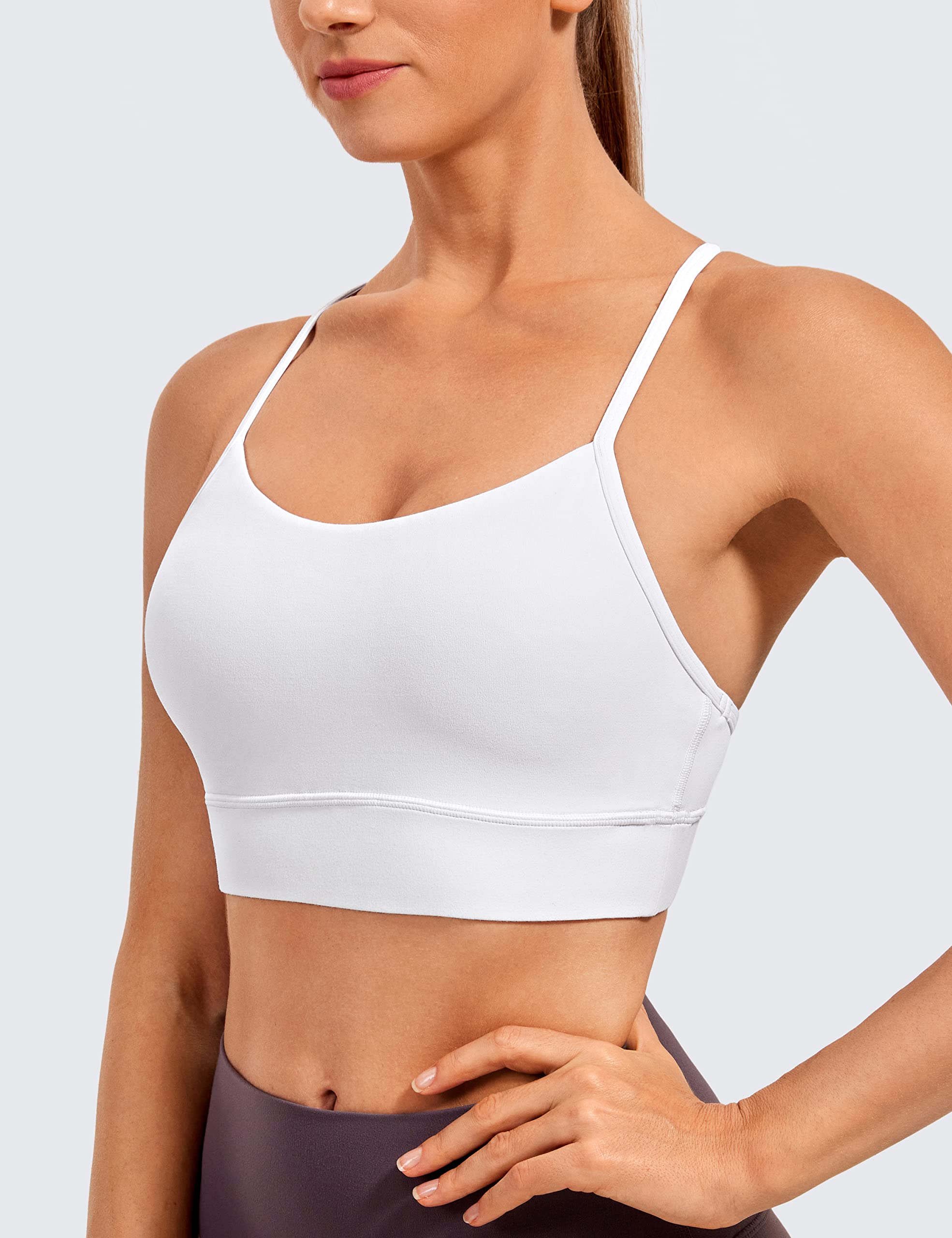 CRZ YOGA Butterluxe Womens Y-Back Racerback Sports Bra - Spaghetti Straps Wireless Scoop Neck Athletic Padded Yoga Bra White Small