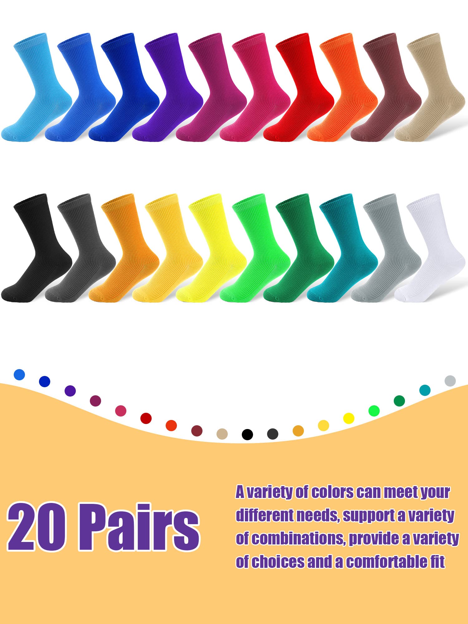 Yaomiao 20 Pairs Boys Solid Dress Socks Colorful Crew Socks Long Socks for Boy Casual Lightweight Cotton Athletic Socks Breathable Socks for Boys Girls