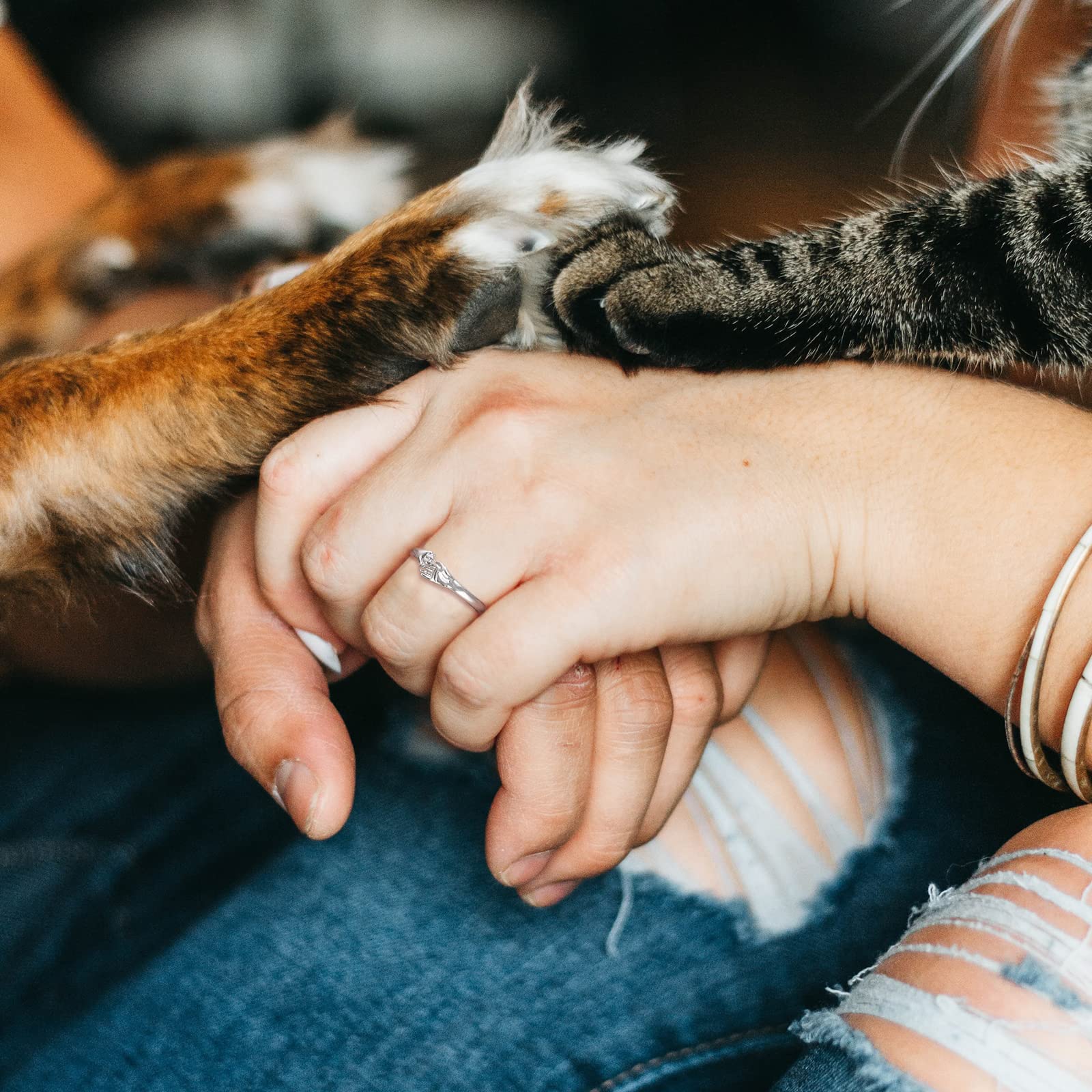 Pup Ring Gifts for Pet Lovers - 925 Sterling Silver Open Adjustable Puppy Paw Print Ring Animal Dog Cat Jewelry Loving Friend Families Gifts