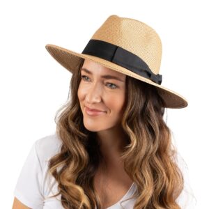 Women Fedora Sun Hat with Wide Brim—Foldable Roll-Up Straw Beach Hat UPF 50 Khaki