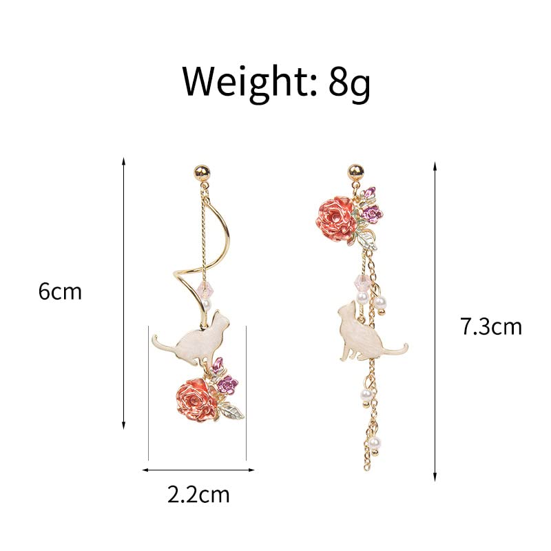 Pink Flower Pearl Sakura Leaf Earrings Ginkgo Biloba Cat Fairy Flower Statement Earrings For Women-Cat and Flower