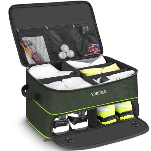 YOREPEK 2 Layer Golf Trunk Organizer Storage for 2 Pair Shoes, Golf Trunk Storage with Separate Compartments for Golf Supplies, Gloves, Golf Items, Golf Gifts For Men, GREEN