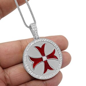 KingCrown Jewelers Real Genuine Diamond 10K Gold Over Knight Templar Masonic Cross Enamel Pendant Charm Chain Set (White Gold Finish)