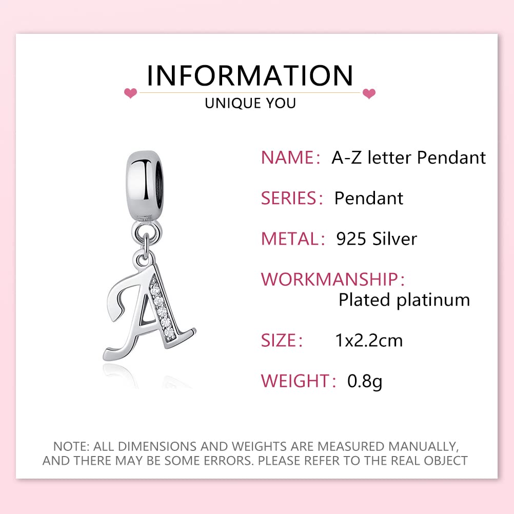 WKLQLQ 925 Sterling Silver Plated Platinum Letter Charm Beads A-Z Initial Charms for Bracelets Compatible With Pandora Bracelet DIY Alphabet Pendant. (Letter A)