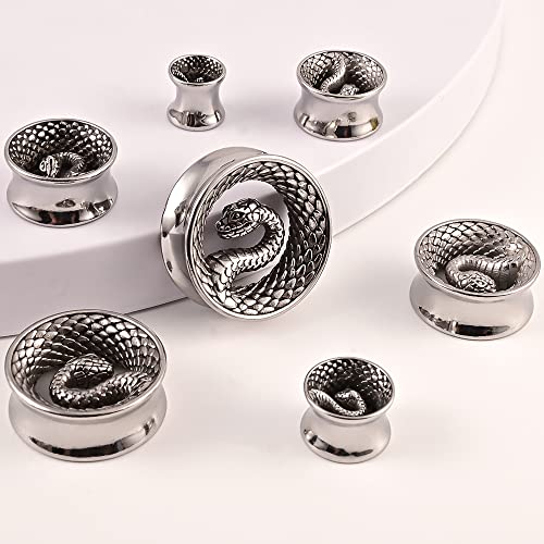 Atomhole 8mm-25mm (0g-1") Snake Ear Plugs Tunnels Ear Gauges 316 Stainless Steel Hypoallergenic Earrings Expander Body Piercing Jewelry 2PCS (10mm(00G), Silver)