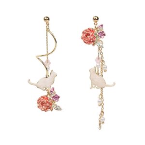 Pink Flower Pearl Sakura Leaf Earrings Ginkgo Biloba Cat Fairy Flower Statement Earrings For Women-Cat and Flower