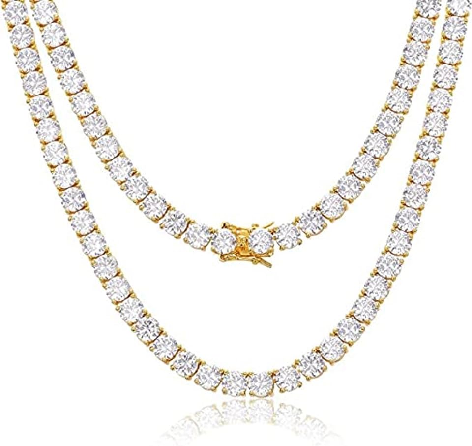 Moissanite Tennis Necklace 18K Gold Plated 925 Sterling Silver Yellow White Gold Plated Moissanite Diamond Tennis Choker Chain Wedding Necklaces 3/4/5mm 16-24 Inch Jewelry Gift for Women Men (Gold)