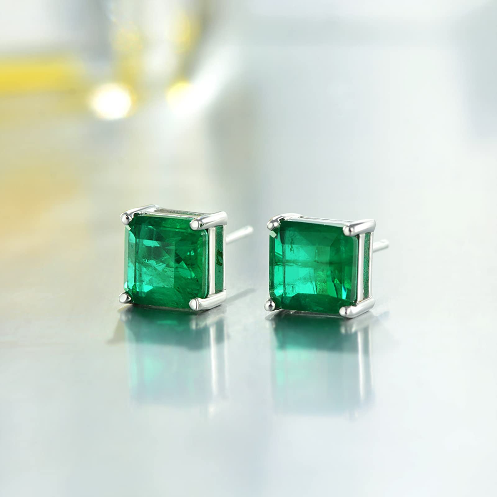 Sterling Silver Emerald Earrings, 4 Carat/Pair (7mm) Lab-Created Square Emerald Stud Earrings for Women Hypoallergenic Jewelry for Her Birthday Christmas Mothers Day Gifts