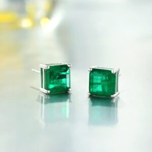 Sterling Silver Emerald Earrings, 4 Carat/Pair (7mm) Lab-Created Square Emerald Stud Earrings for Women Hypoallergenic Jewelry for Her Birthday Christmas Mothers Day Gifts