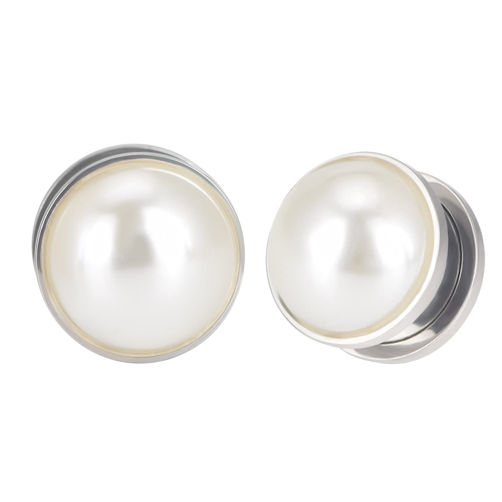 Qmcandy 2pcs Stainless Steel Pearl Ear Tunnels Double Flared Screw Plugs Piercing Gauges 00G, Silver