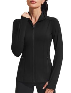 pinspark workout jackets for women athletic running gym yoga jacket lightweight full zip slim fit sports tops thumb holes pockets, black, medium