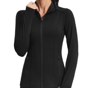 PINSPARK Workout Jackets for Women Athletic Running Gym Yoga Jacket Lightweight Full Zip Slim Fit Sports Tops Thumb Holes Pockets, Black, Medium