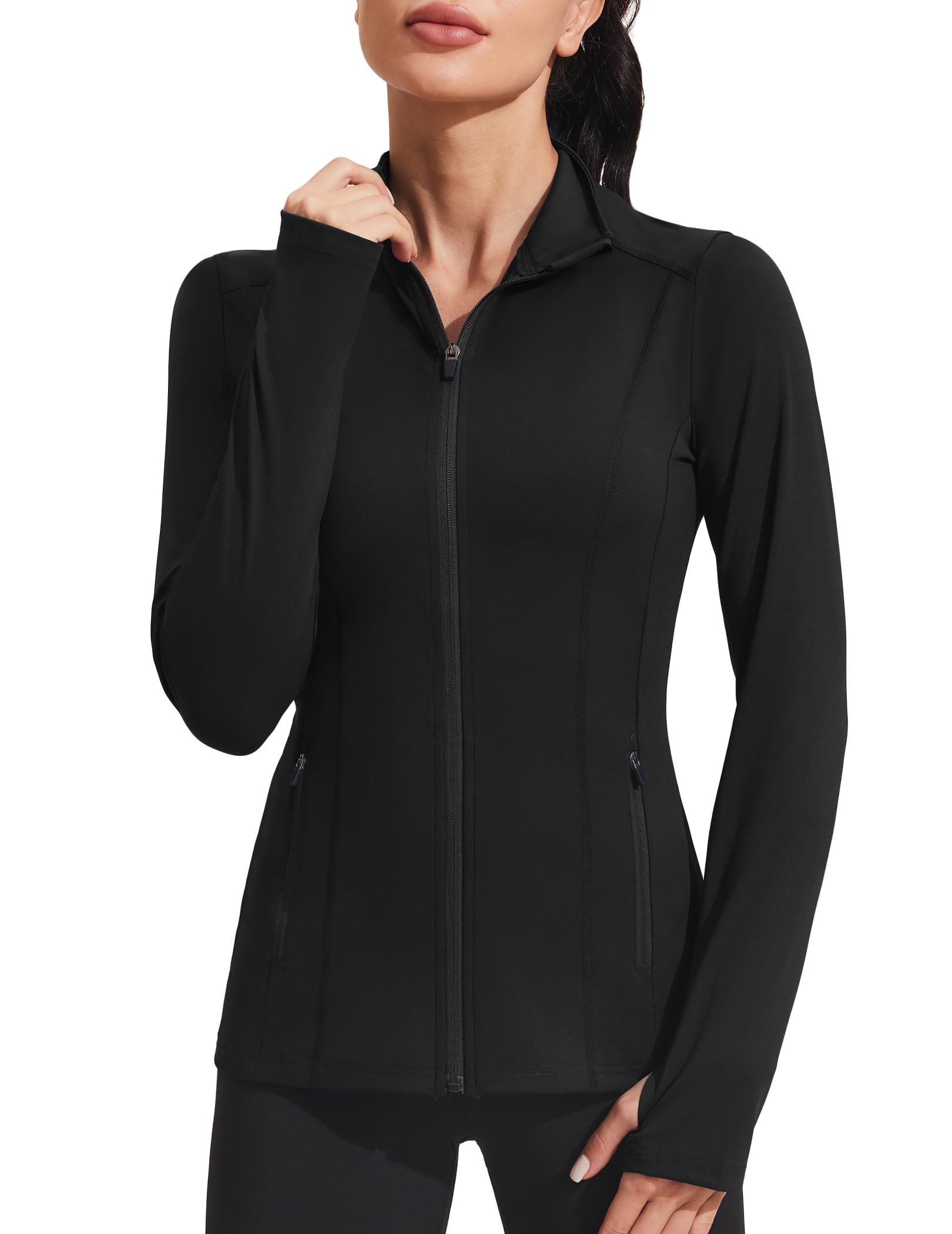 PINSPARK Workout Jackets for Women Athletic Running Gym Yoga Jacket Lightweight Full Zip Slim Fit Sports Tops Thumb Holes Pockets, Black, Medium