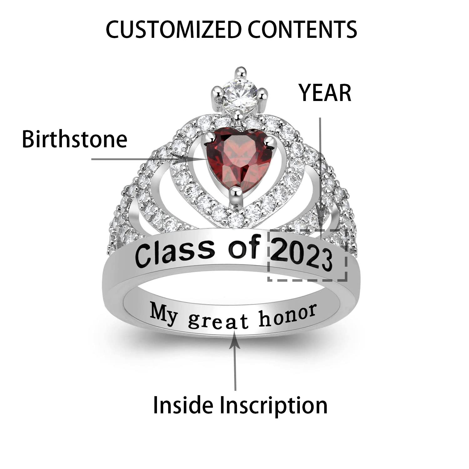 Ccjcinata Custom Class Rings for Women High School Crown Rings Cubic Zirconia Birthstone Rings Class Rings for Women College Rings for Women Size 5-15 Birthstone Ring for Girls