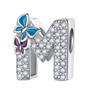 complete a~z alphabet charm letter beads, solid 925 sterling silver with cubic stones flower butterfly fits european bracelets necklace women jewelry gift options