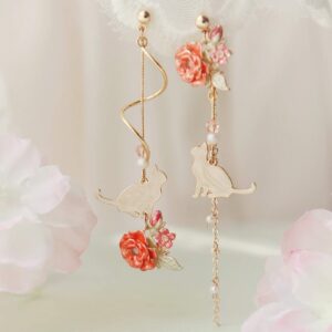 Pink Flower Pearl Sakura Leaf Earrings Ginkgo Biloba Cat Fairy Flower Statement Earrings For Women-Cat and Flower