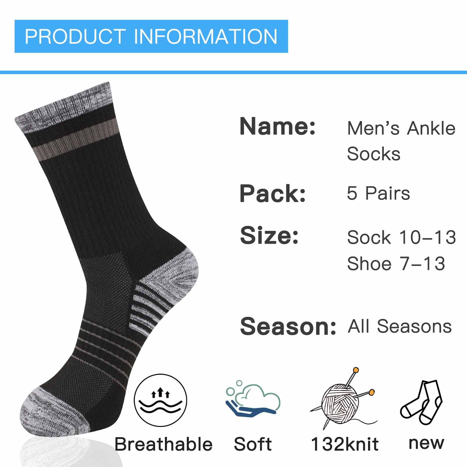 COOVAN Mens Hiking Socks Crew Outdoor Socks 5 Pairs Moisture Wicking Cushioned Athletic Boot Socks