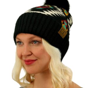 C.C Fur Pom Winter Fall Trendy Chunky Stretchy Cable Knit Beanie Hat (Aztec Black)