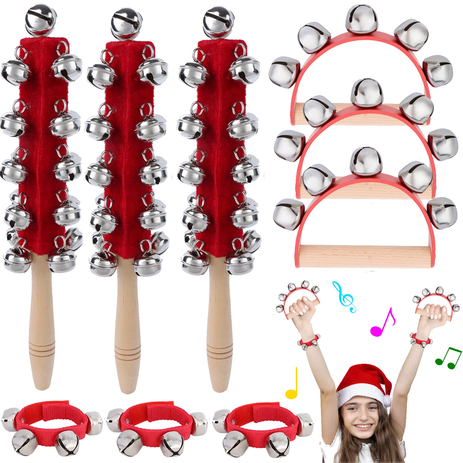 9 Pieces Christmas Handle Jingle Bells Wooden Hand Sleigh Bells Wrist Band Jingle Bells Shaker Bells with Wooden Grip for Kids Music Enlightenment Instruments