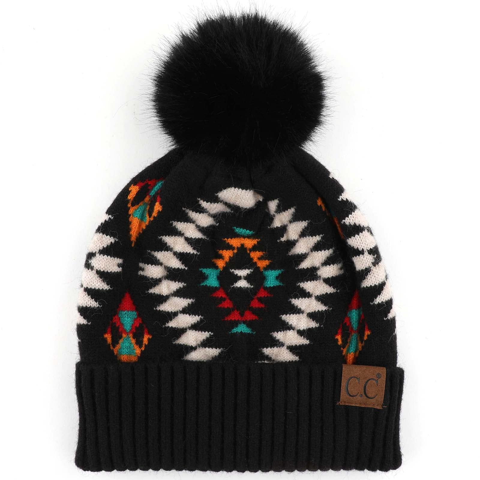 C.C Fur Pom Winter Fall Trendy Chunky Stretchy Cable Knit Beanie Hat (Aztec Black)