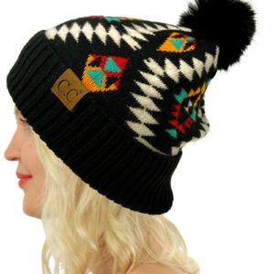 C.C Fur Pom Winter Fall Trendy Chunky Stretchy Cable Knit Beanie Hat (Aztec Black)