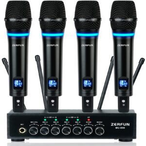 zerfun 4 channel rechargeable wireless microphone system, pro uhf metal handheld wireless microphones cordless mics with echo bluetooth vol channel control for karaoke singing church(mu-898)