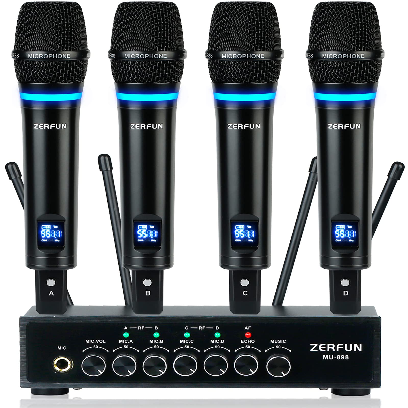 ZERFUN 4 Channel Rechargeable Wireless Microphone System, Pro UHF Metal Handheld Wireless Microphones Cordless Mics with Echo Bluetooth VOL Channel Control for Karaoke Singing Church(MU-898)