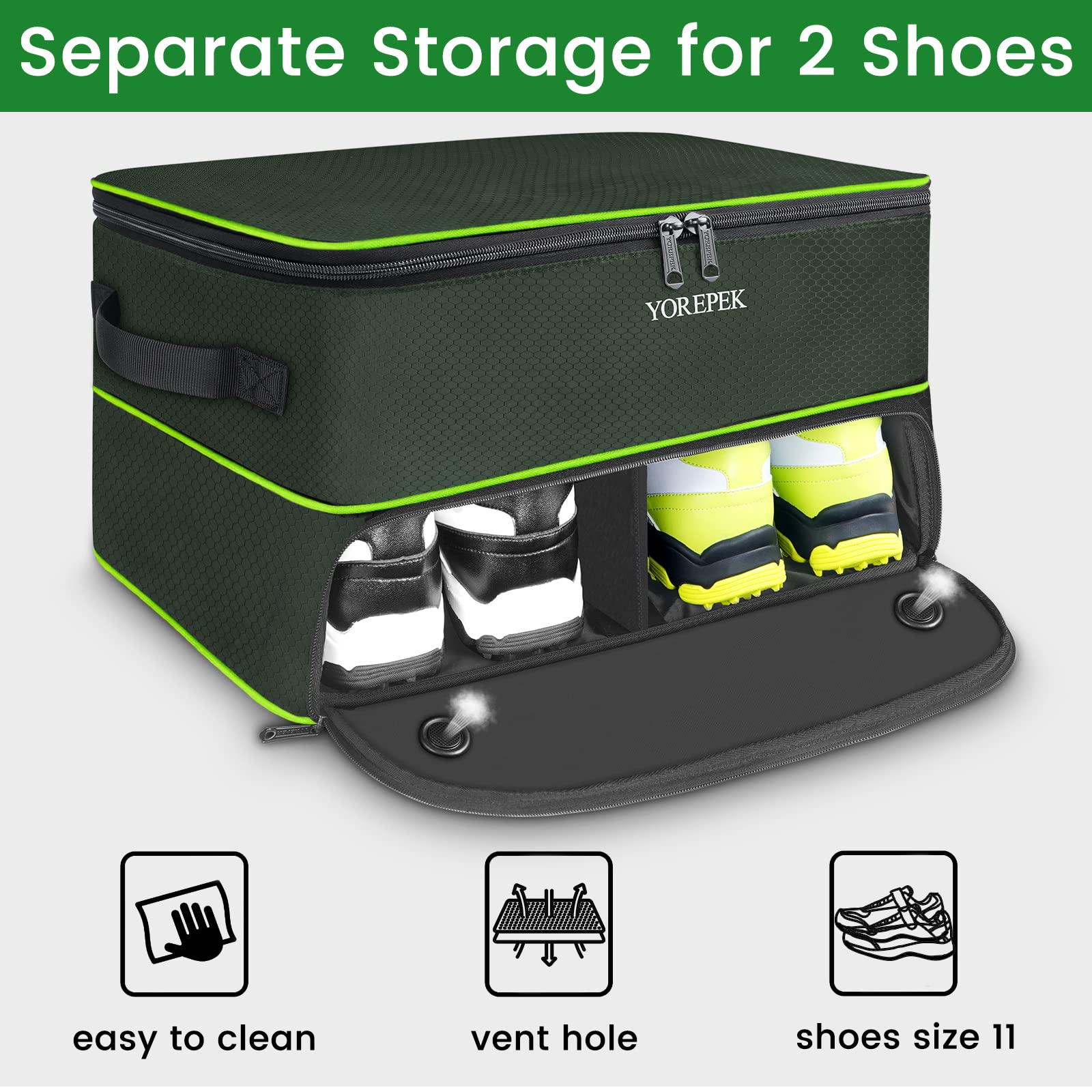 YOREPEK 2 Layer Golf Trunk Organizer Storage for 2 Pair Shoes, Golf Trunk Storage with Separate Compartments for Golf Supplies, Gloves, Golf Items, Golf Gifts For Men, GREEN