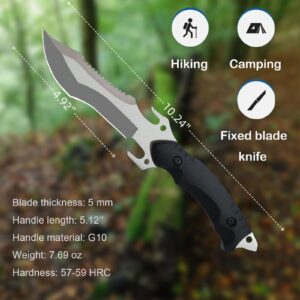 Fixed Blade Knife, Hunting Knife Full Tang with G10 Handle, Survival Camping Outdoor Knife with Glass Hammer and Nylon Belt Sheath, Great Gift for Men, White (XZJD)