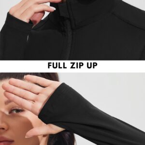 PINSPARK Workout Jackets for Women Athletic Running Gym Yoga Jacket Lightweight Full Zip Slim Fit Sports Tops Thumb Holes Pockets, Black, Medium