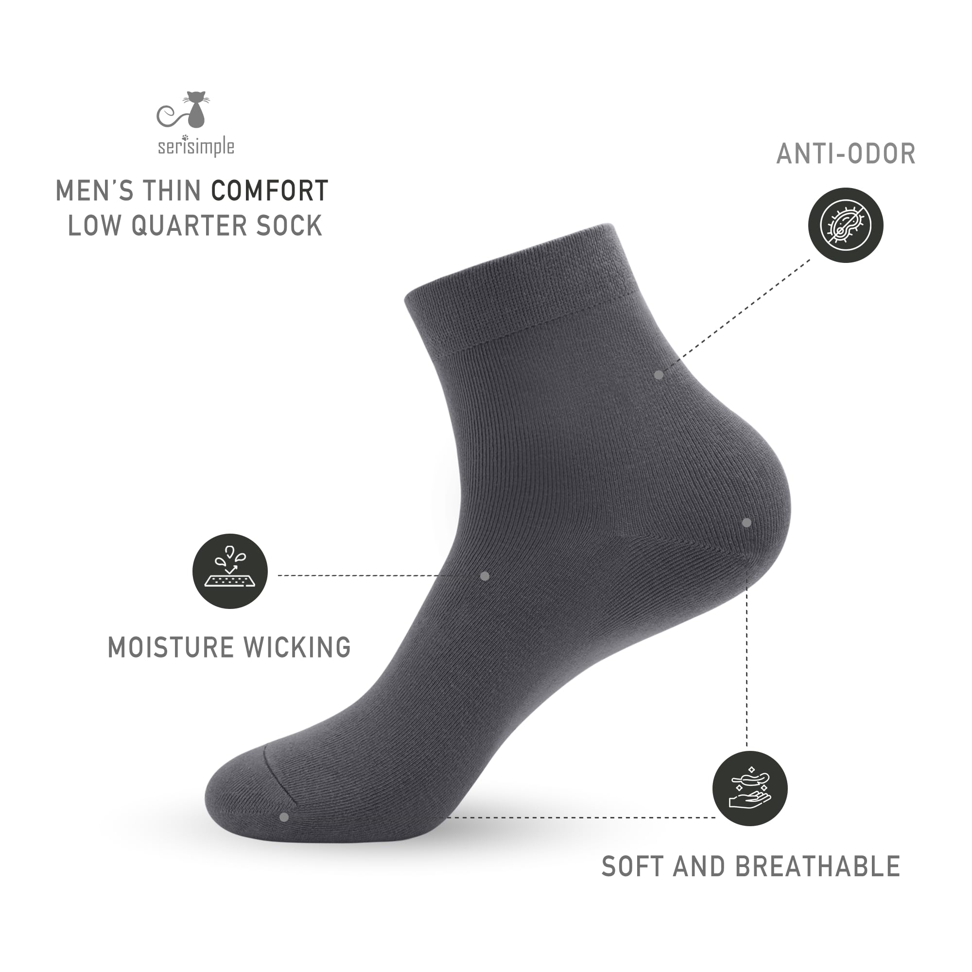 SERISIMPLE Viscose Bamboo Men sock Breathable Sock Quarter Thin Ankle High Sock Comfort Cool soft Sock 5 Pairs (X-Large,Dark grey)