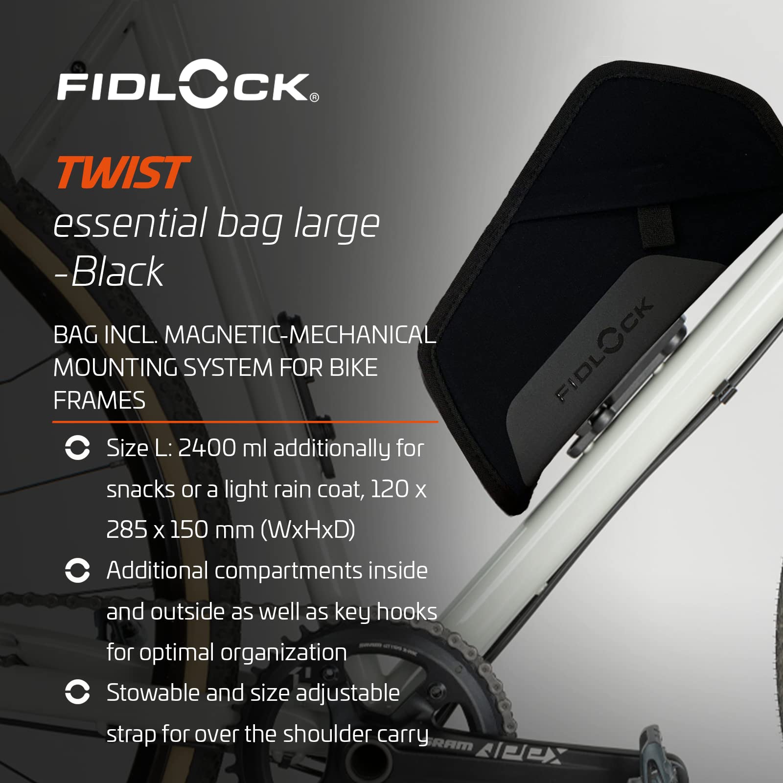 FIDLOCK Twist Essential Bag with Bike Base - Optimized for Bike’s Frame Triangle - Splash-proof Material Closure - Additional Compartments Inside and Outside - Large, Black