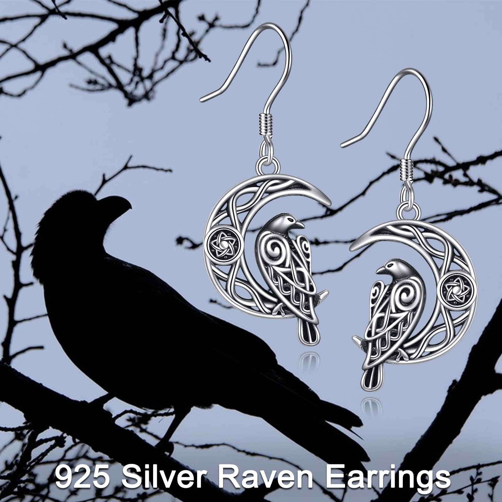 Raven Earrings 925 Sterling Silver Crescent Moon Crow Witchy Dangle Earrings Halloween Jewelry Gifts for Women