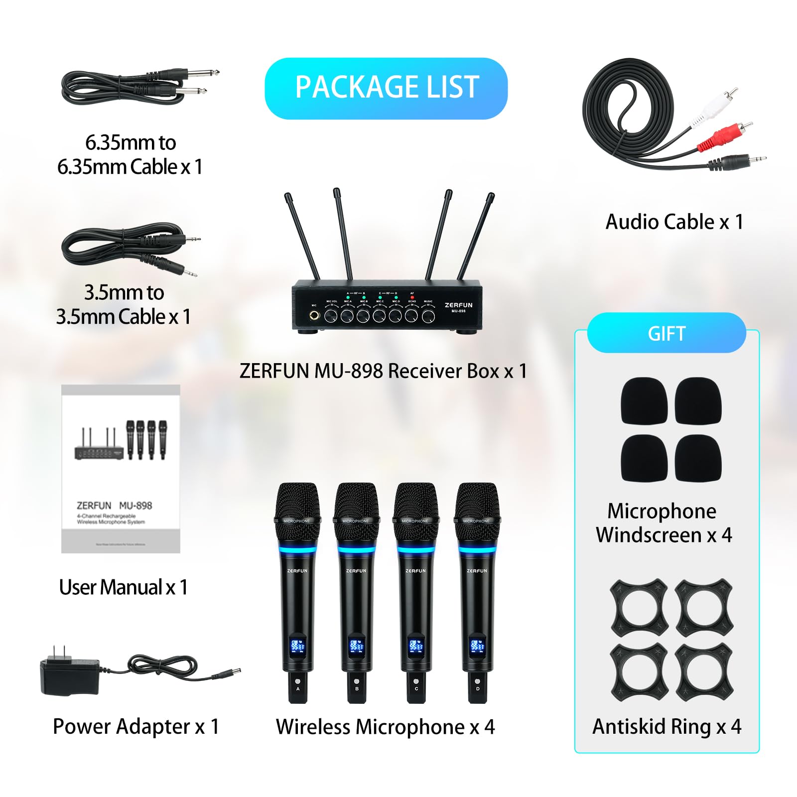 ZERFUN 4 Channel Rechargeable Wireless Microphone System, Pro UHF Metal Handheld Wireless Microphones Cordless Mics with Echo Bluetooth VOL Channel Control for Karaoke Singing Church(MU-898)