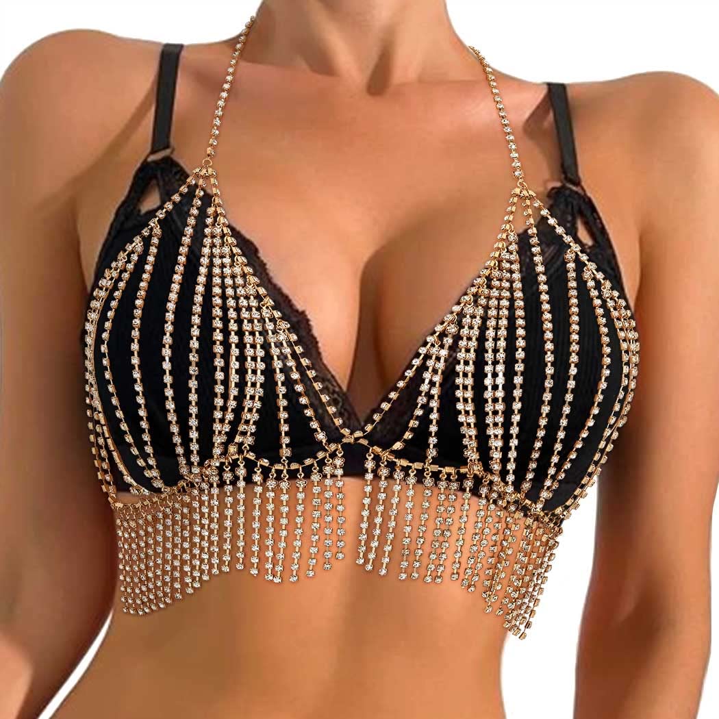 Navoky Layered Rhinestone Chest Chain Beach Bikini Body Chains Bra Fashion Tassel Crystal Chest Accessories Jewelry for Women and Girls