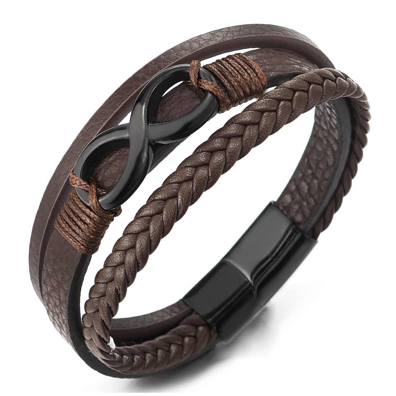 COOLSTEELANDBEYOND Black Steel Infinity Love Number 8 Friendship Three-Strand Brown Braided Leather Bangle Bracelet