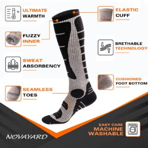 NOVAYARD Merino Wool Ski Socks 2 Pairs Mens Womens Over the Calf Thermal Socks for Snowboarding Hiking Skiing (2*Black)