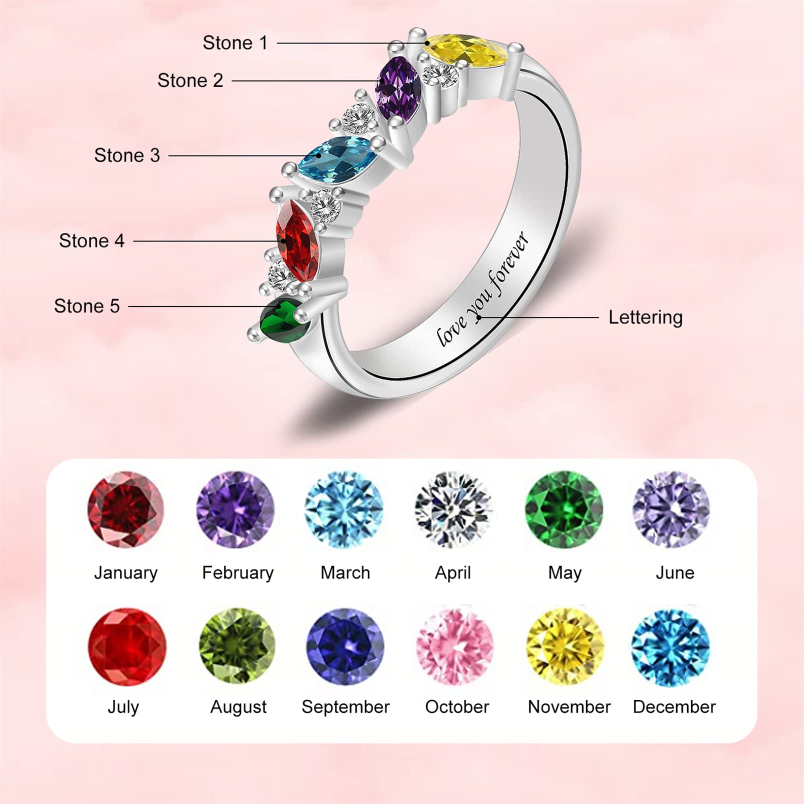 Seecoco Personalized Mothers Ring with Simulated Birthstones Engraved Family Names Mother's Day Rings Custom Family Rings for Women (Color 10)