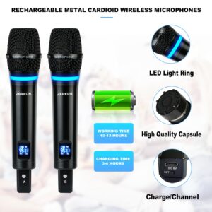 ZERFUN 4 Channel Rechargeable Wireless Microphone System, Pro UHF Metal Handheld Wireless Microphones Cordless Mics with Echo Bluetooth VOL Channel Control for Karaoke Singing Church(MU-898)