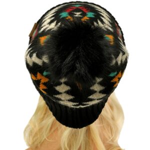 C.C Fur Pom Winter Fall Trendy Chunky Stretchy Cable Knit Beanie Hat (Aztec Black)