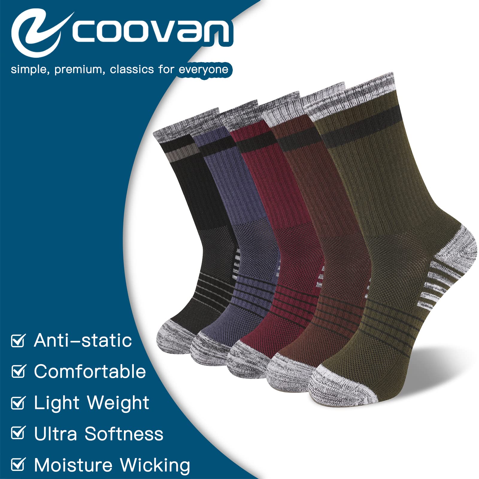 COOVAN Mens Hiking Socks Crew Outdoor Socks 5 Pairs Moisture Wicking Cushioned Athletic Boot Socks