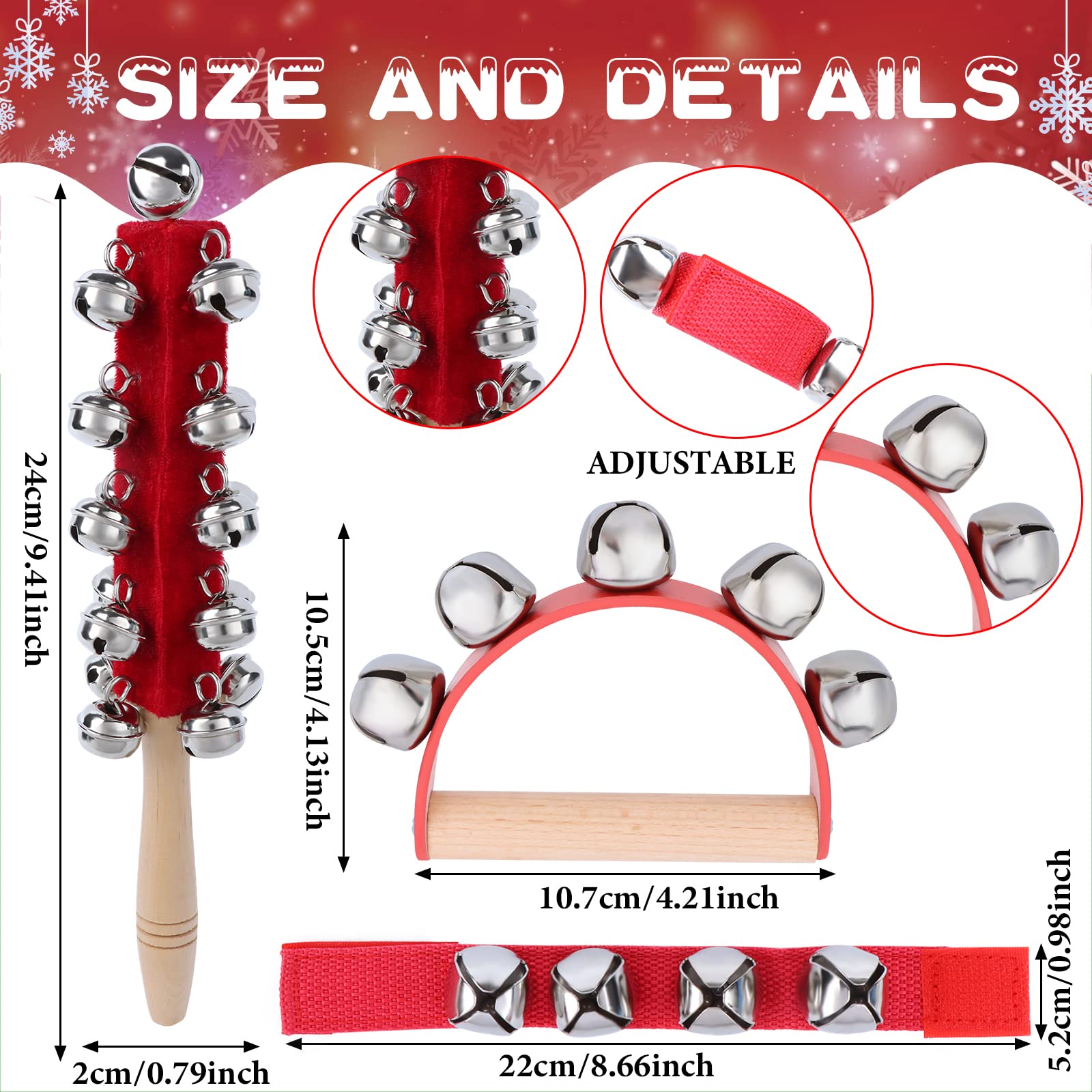 9 Pieces Christmas Handle Jingle Bells Wooden Hand Sleigh Bells Wrist Band Jingle Bells Shaker Bells with Wooden Grip for Kids Music Enlightenment Instruments